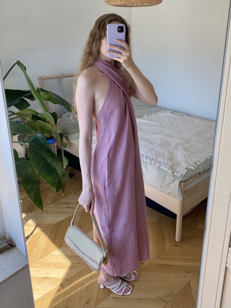 HIT viralowa lniana 100% liliowa sukienka ZARA 36 S dekolt halter