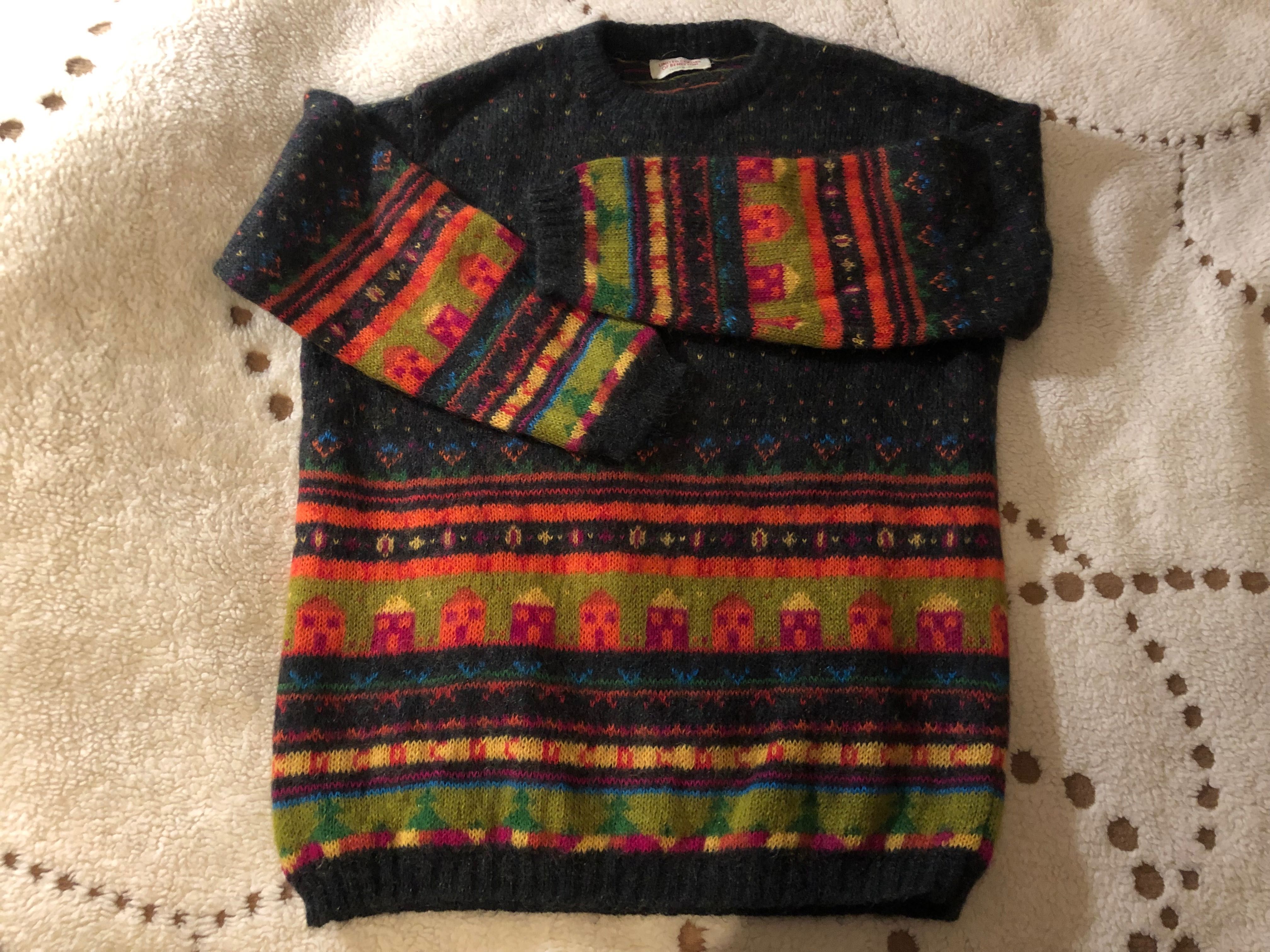 Pierniczkowy uroczy ciekawy wełniany/Mohair/moher sweter Benetton XL