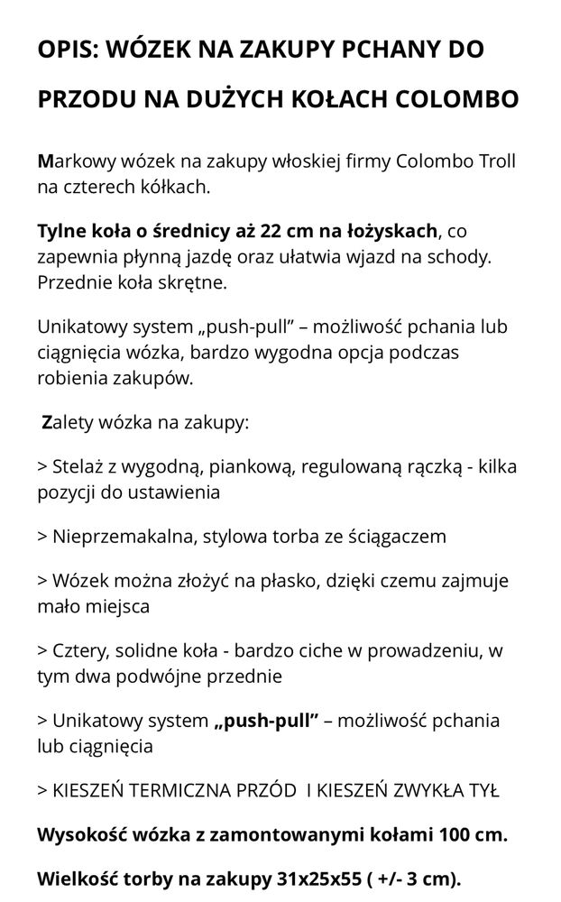 Wózek na zakupy pchany do przodu na duźych kołach  COLOMBO