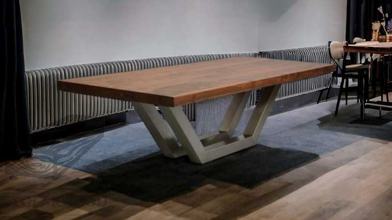 Stół TRAPEZ żywica drewno metal krzesła do jadalni salonu i ogrodu