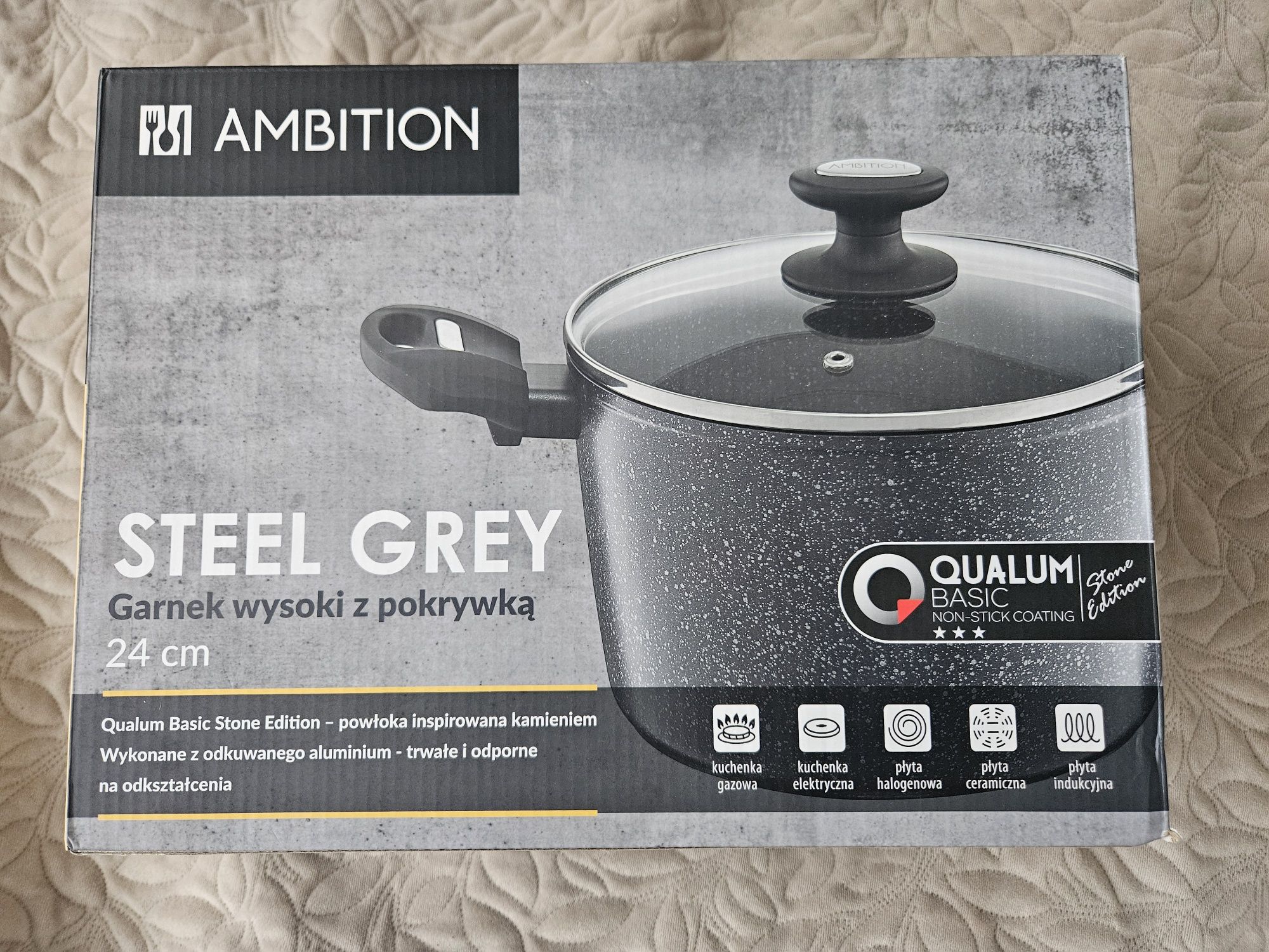 NOWY Ambition steel grey Garnek aluminiowy z pokrywką 24cm INDUKCJA