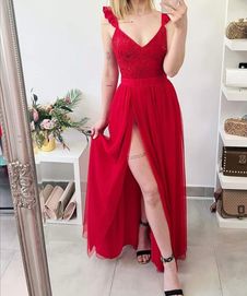 Czerwona sukienka tiulowa rozkloszowana koronka gorset wieczorowa rozc