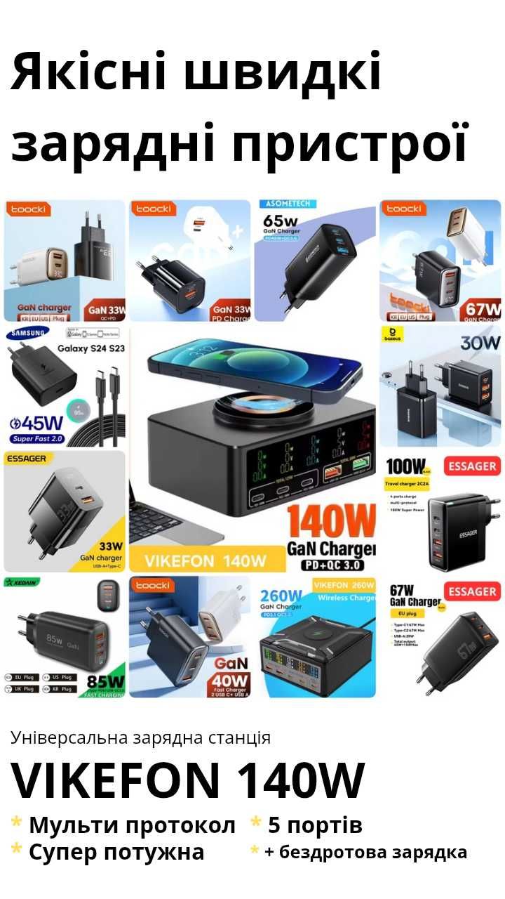 Зарядна станція 140W 5портів + бездротова зарядка