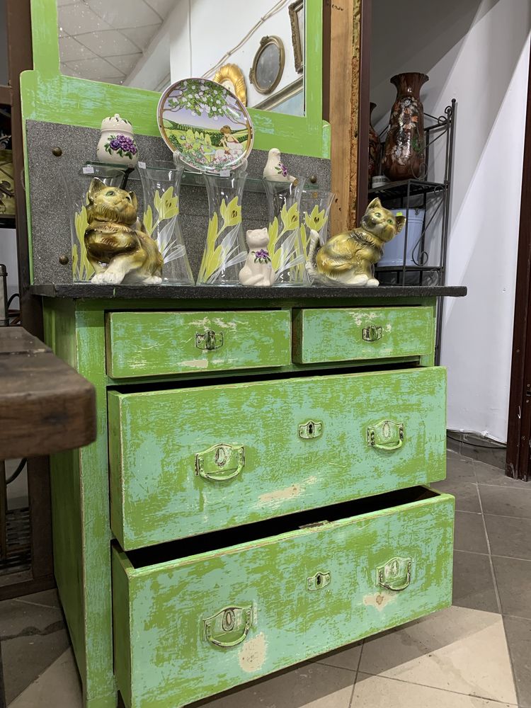 Komoda Drewniana Vintage Duże Szuflady Lustro Kamień Mosiądz Lata 40te