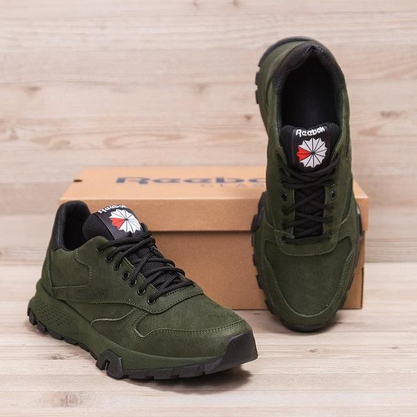 Стильные мужские кроссовки Reebok зеленые, кожаные кроссы
