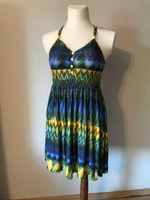 Cudowna tunika boho r. 38/40 niebiesko żółto zielona sukienka hippie