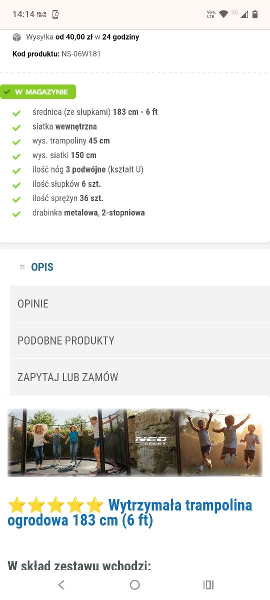 Trampolina ogrodowa 6ft