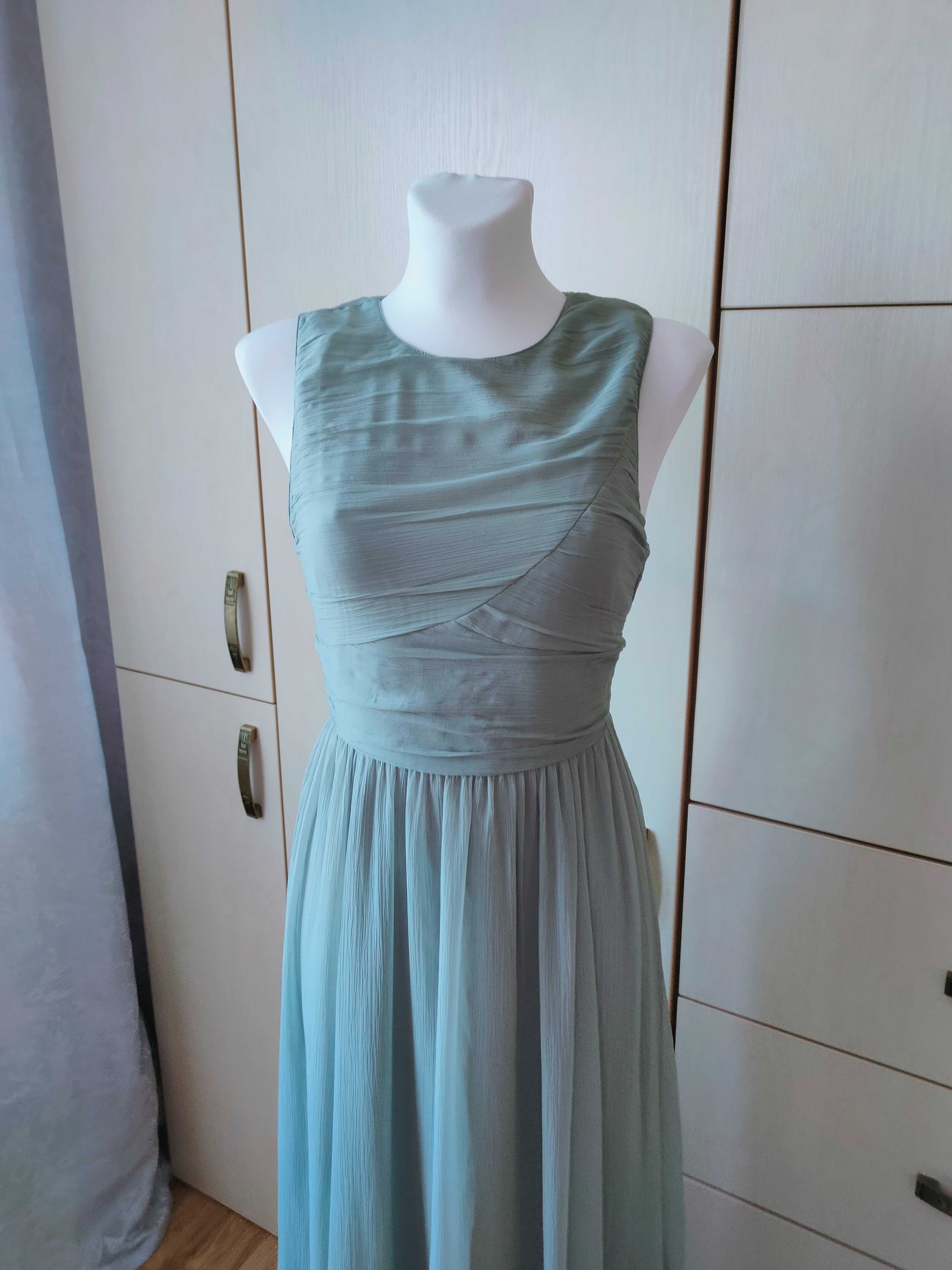 NOWA miętowa szyfonowa sukienka maxi z drapowaniem r. 38 (S) Asos