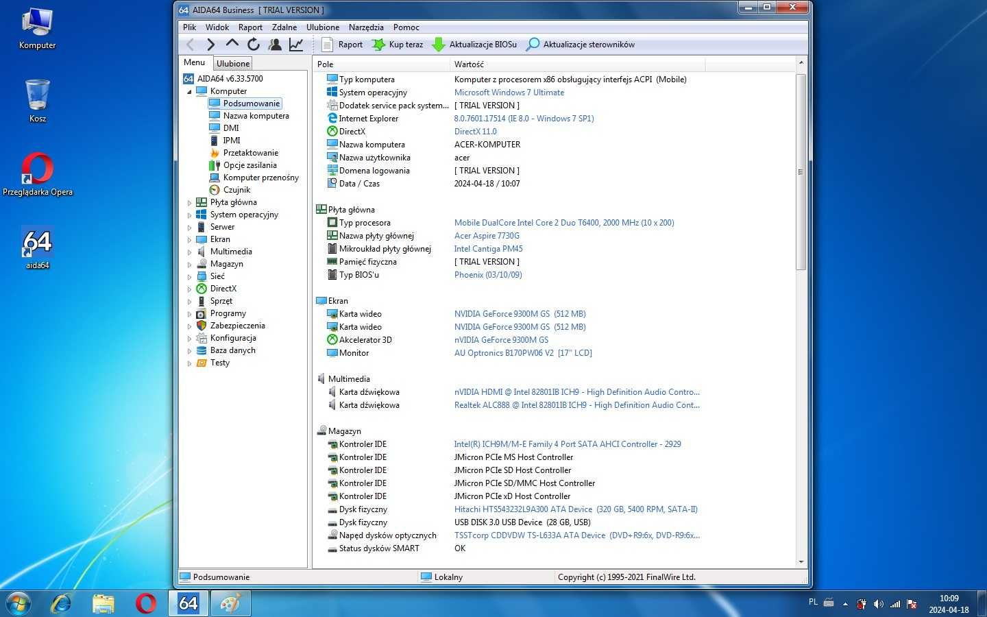 Acer Aspire 7730G 2x2gb,4gb,Hdd320gb win7