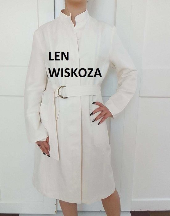 Letni wiosenny lekki lniany płaszcz trencz len wiskoza 16 L XL