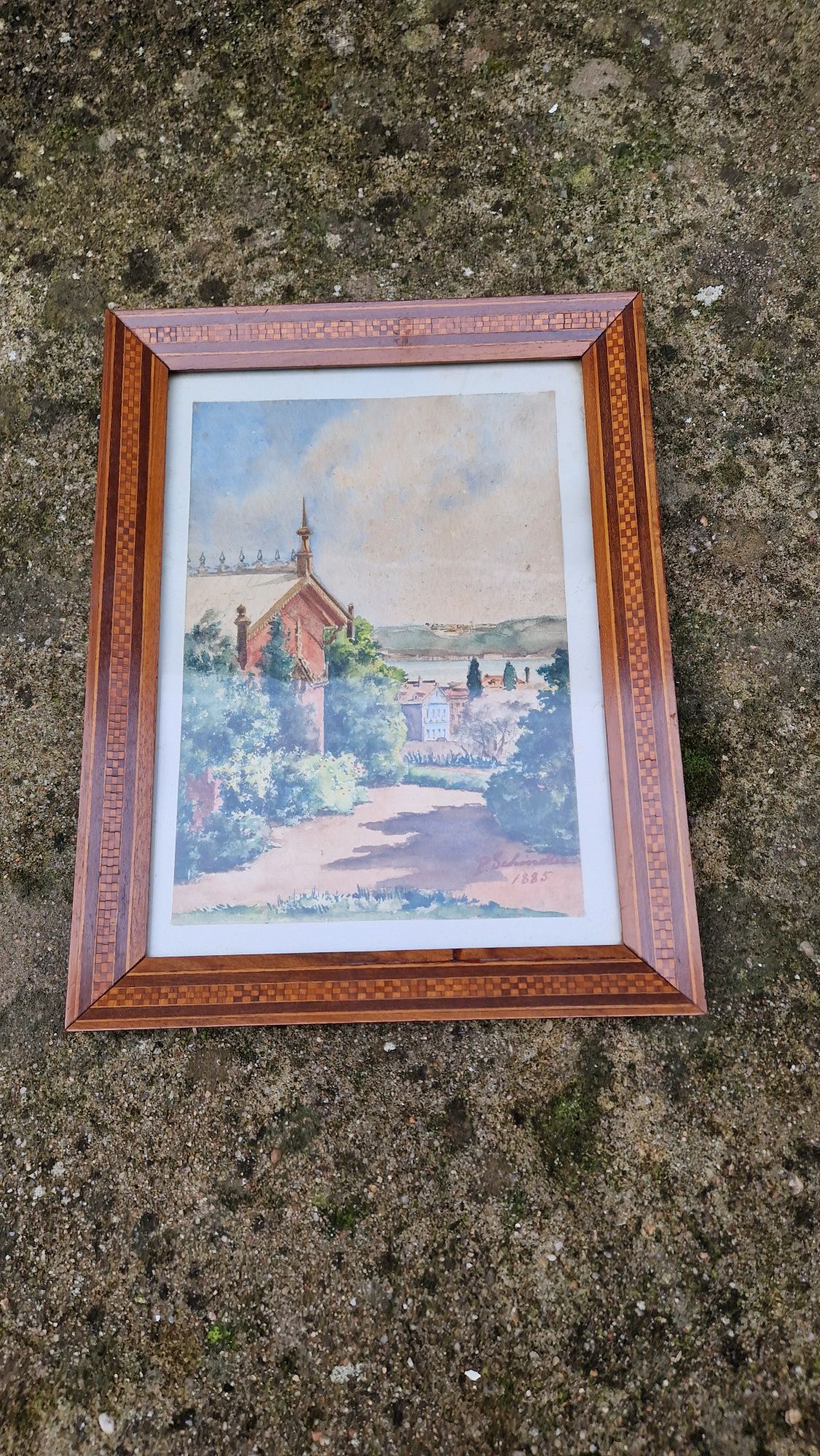 Quadro em aguarela em moldura com embutidos