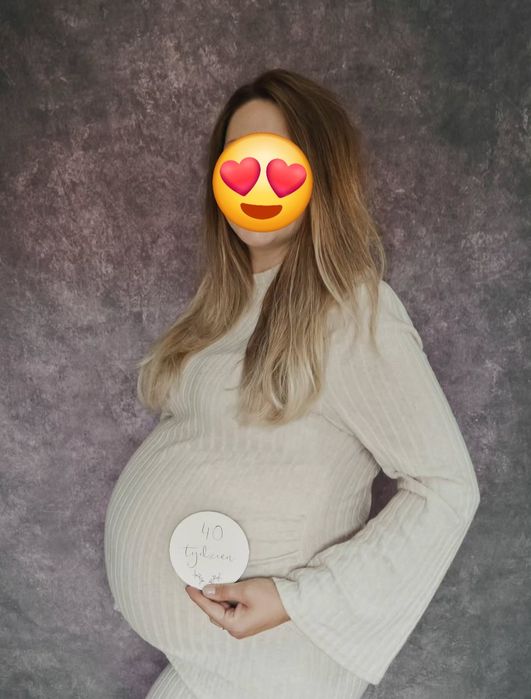 Beżowa dzianinowa sukienka ciążowa rozszerzany rękaw prążek 44 XXL