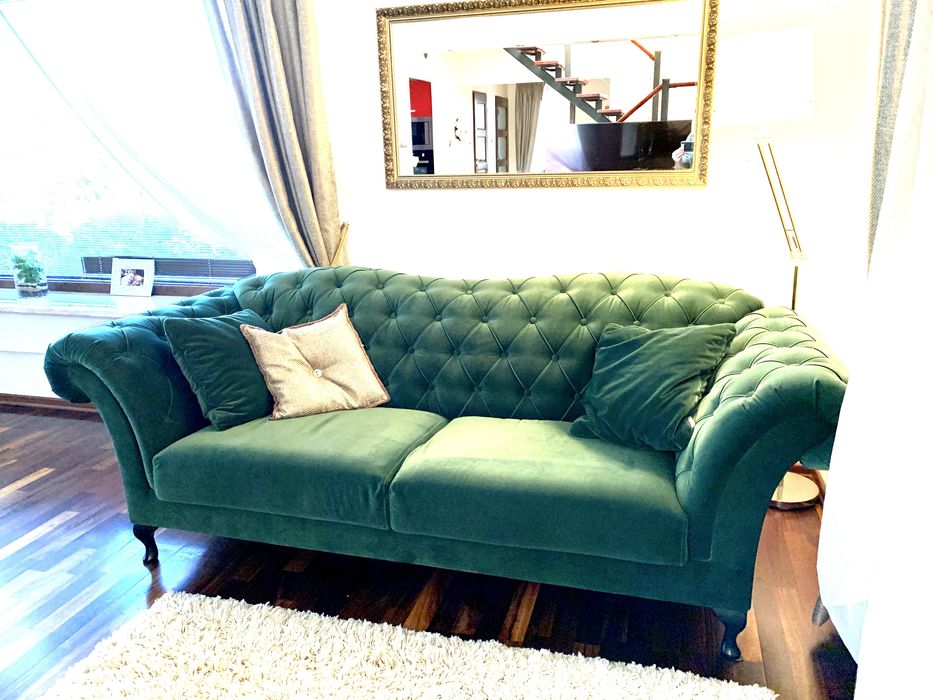 Elegancka kanapa plus szezlong kolor zieleń butelkowa. Pro. Polska