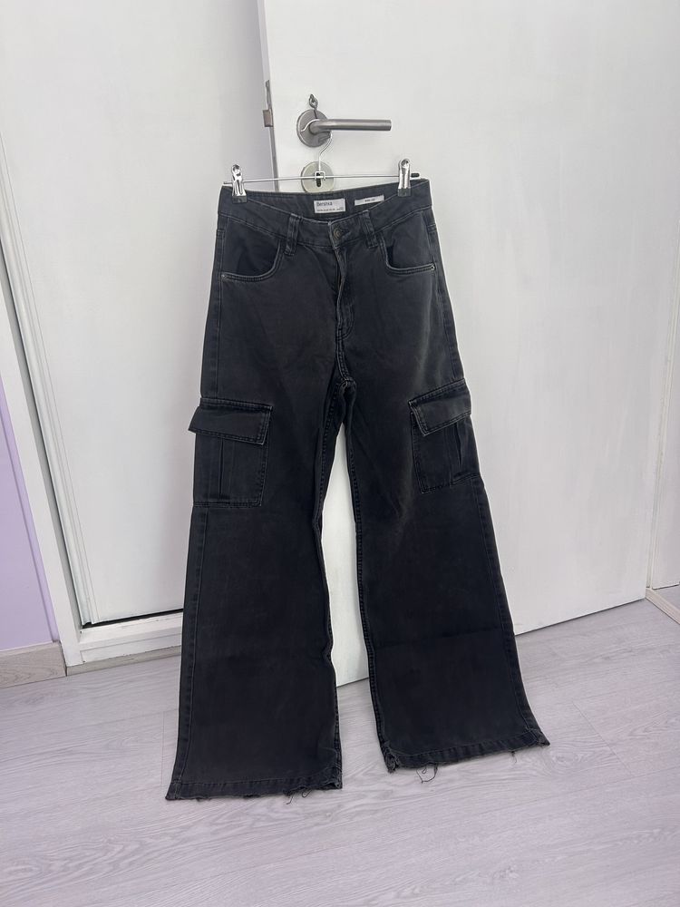 Calças de ganga cinza escuro wide leg com bolsos 34!