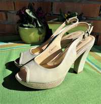 Czółenka na słupku boho nude beż open toe peep toe r. 39