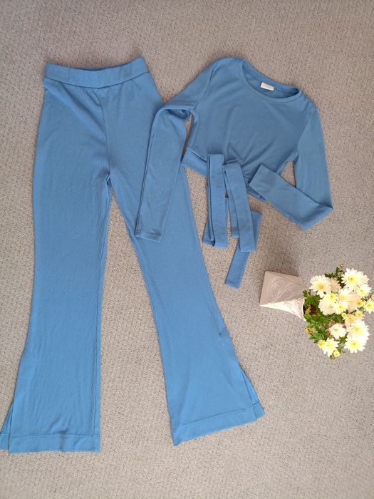 Костюм комплект набір лосини і топ з зав'зками жіночий рубчик синій