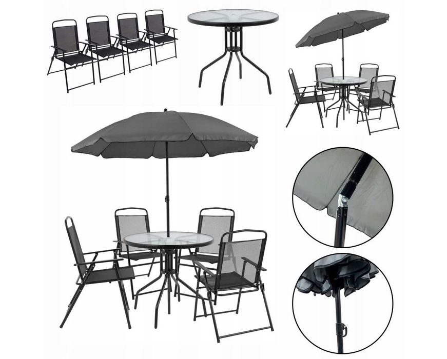 ZESTAW MEBLI OGRODOWYCH - parasol stolik i 4 krzesła