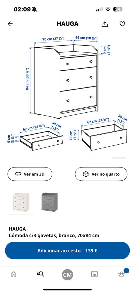 Camoda branca 3 gavetas HAUGA Ikea