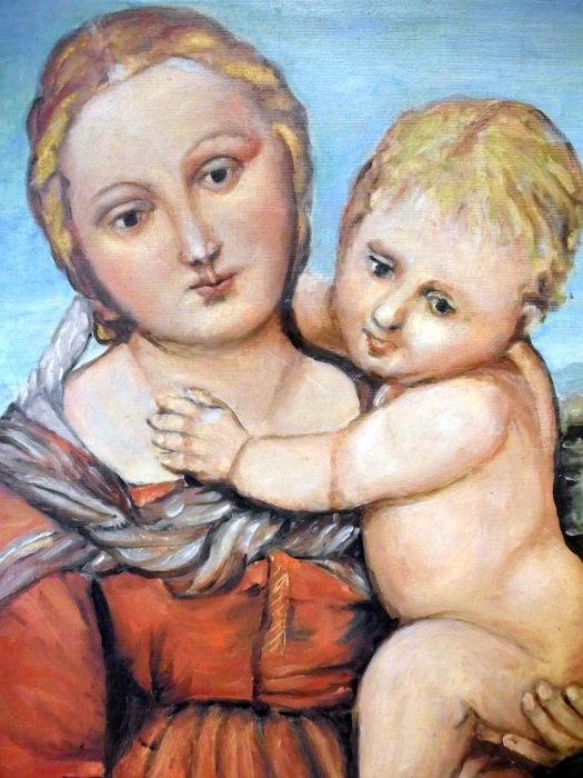 linda pintura religiosa em óleo "Nossa Senhora com o Menino" assinada