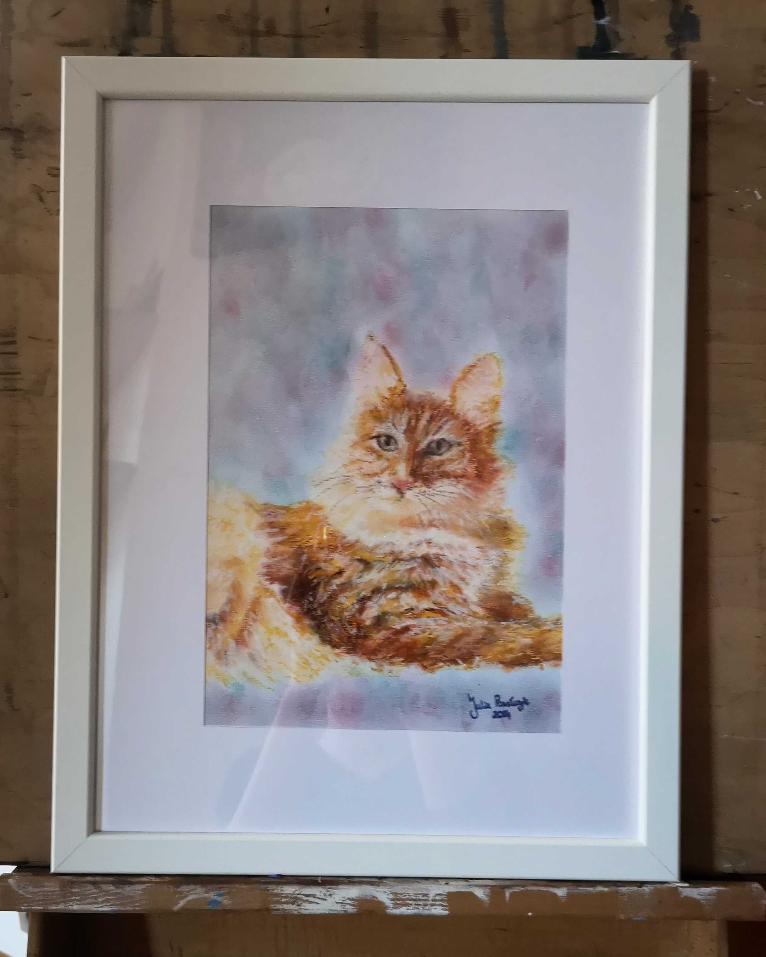 Oryginalny obraz w ramie portret rudego kota