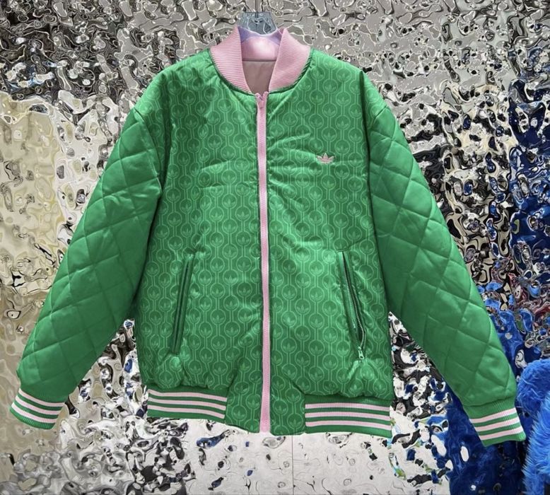 Теплий двосторонній бомбер жіночий зелений рожевий адідас adidas