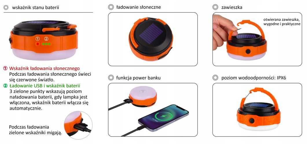 Lampka warsztatowa solarna akumulatorowa LED  KEMPINGOWA TURYSTYCZNA