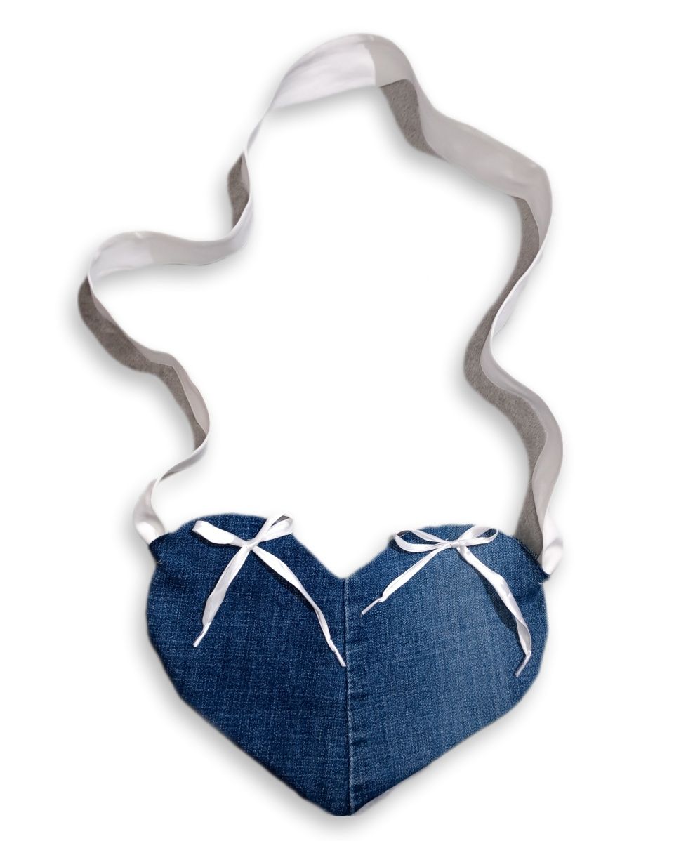 Torebka jeansowa serce na ramię z kokardkami heart denim bag  coquette