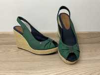 Tommy Hilfiger espadryle na koturnie 38 sandały granatowo zielone pasy