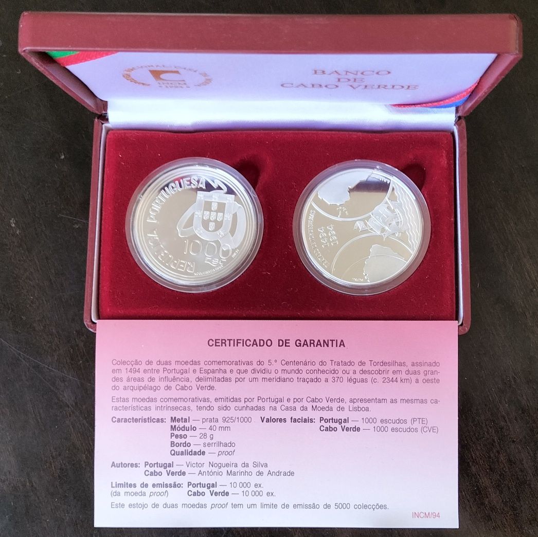 Estojo Duplo 1000$ Prata Proof Tratado Tordesilhas Estado Nova
