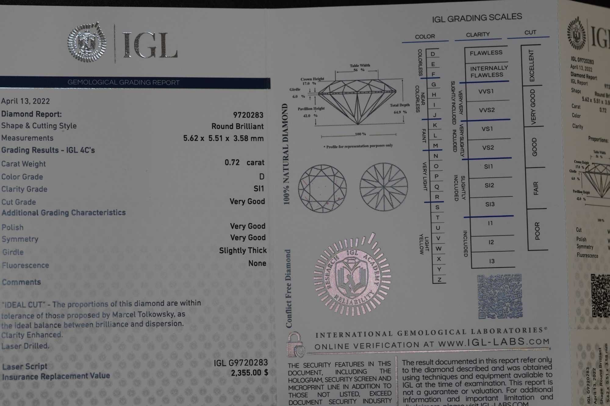 Pierścionek 585 zaręczynowy z diamentem 0,72 CT D SI1 Certyfikat R16