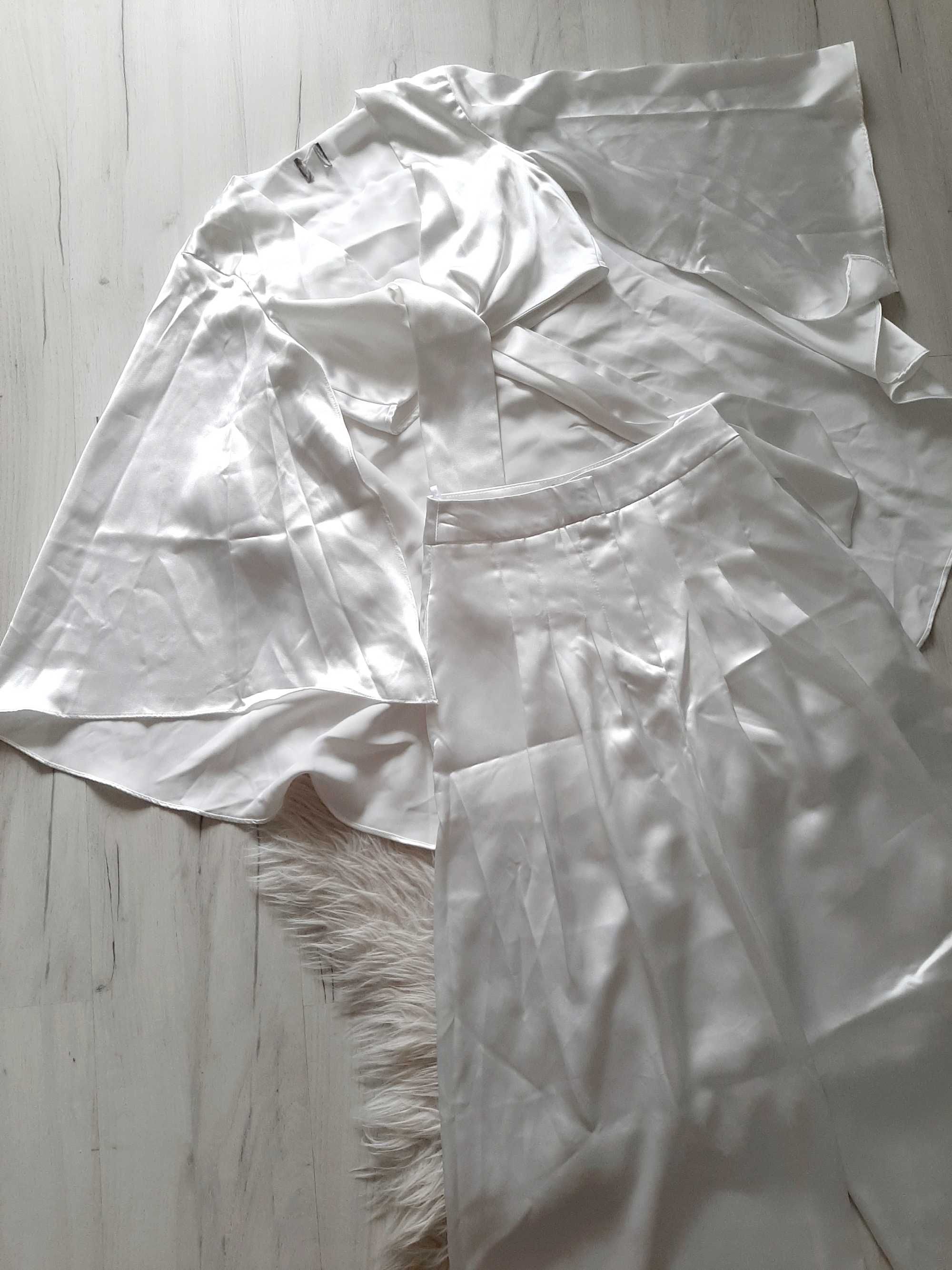 ASOS piękny satynowy biały komplet crop top i szerokie spodnie XS 34
