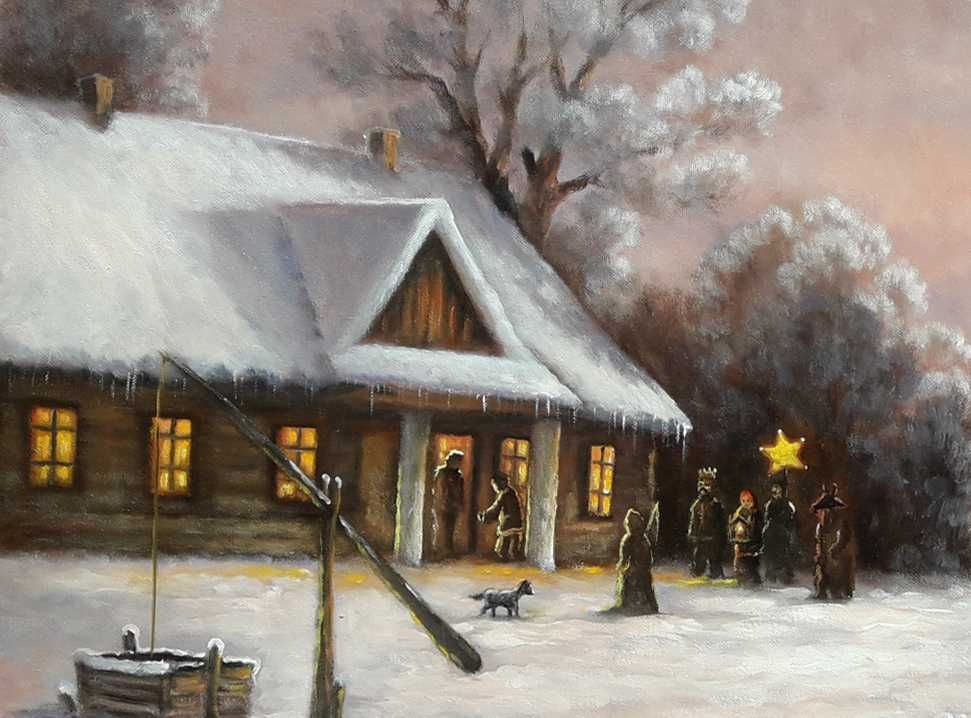 Obraz olejny na płótnie "Kolędnicy" 70x50 cm