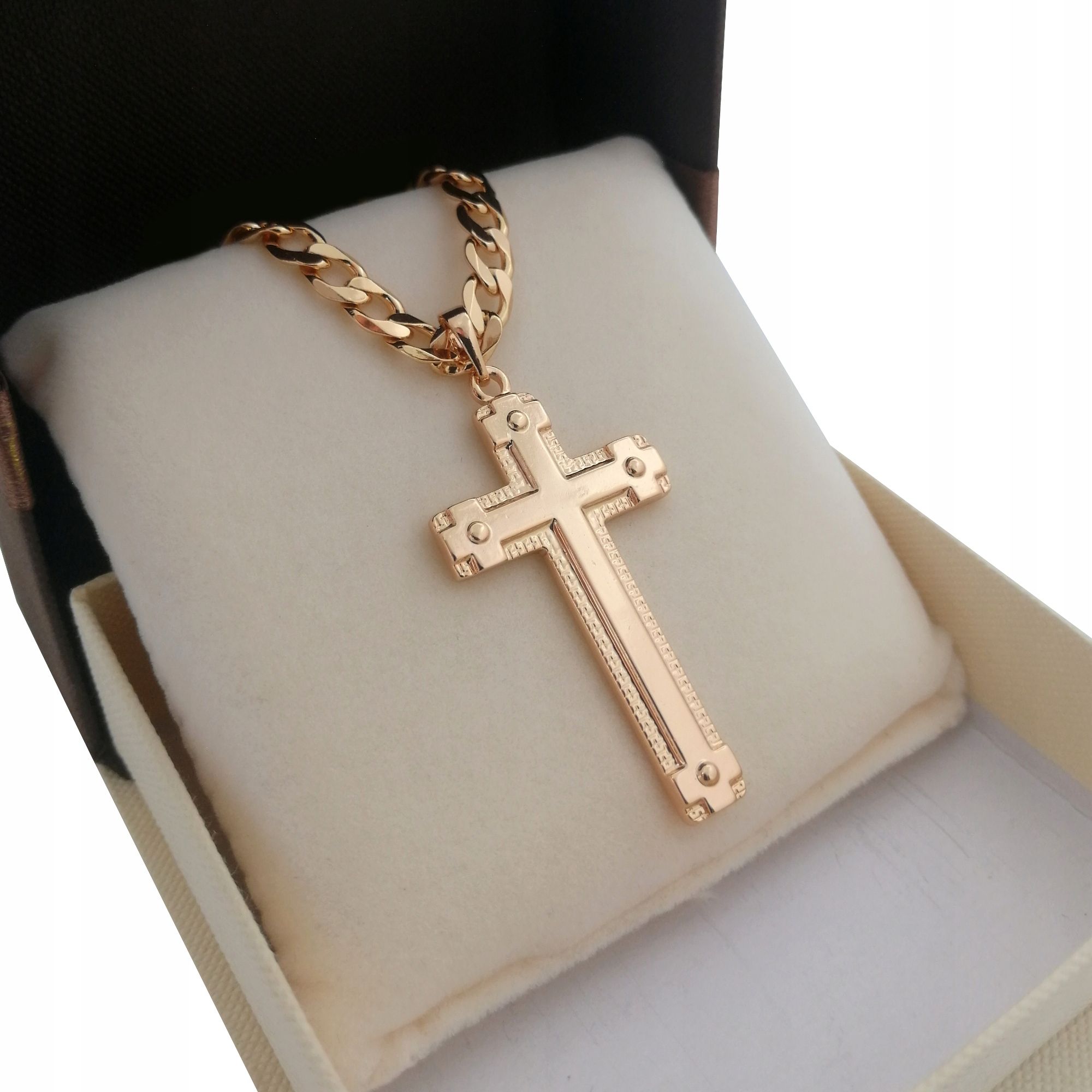 Złoty Łańcuszek Pancerka+krzyż 50cm 18k