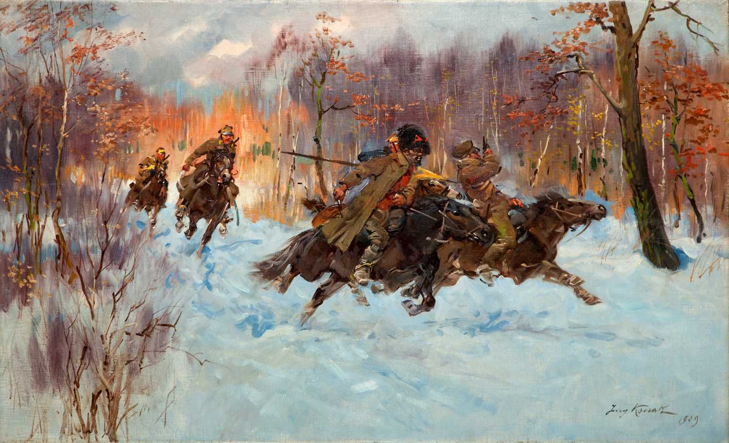Jerzy Kossak: "Bolszewika goń!". Piękne płótno kopia 50x30 cm