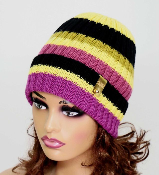 LaMel czapka w paski handmade 100%Merino obw.54 - 58cm