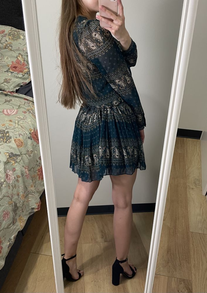 Boho wiązana sukienka na sylwestra święta mini xs plisowana zielona