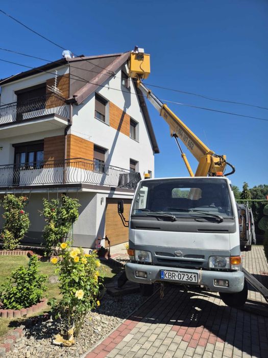 Zwyżka podnośnik koszowy, malowanie mycie dachów wycinka drzew rębak