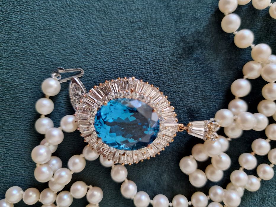 Luksusowy naszyjnik z topazem i diamentami – złoto, perły, certyfikat!