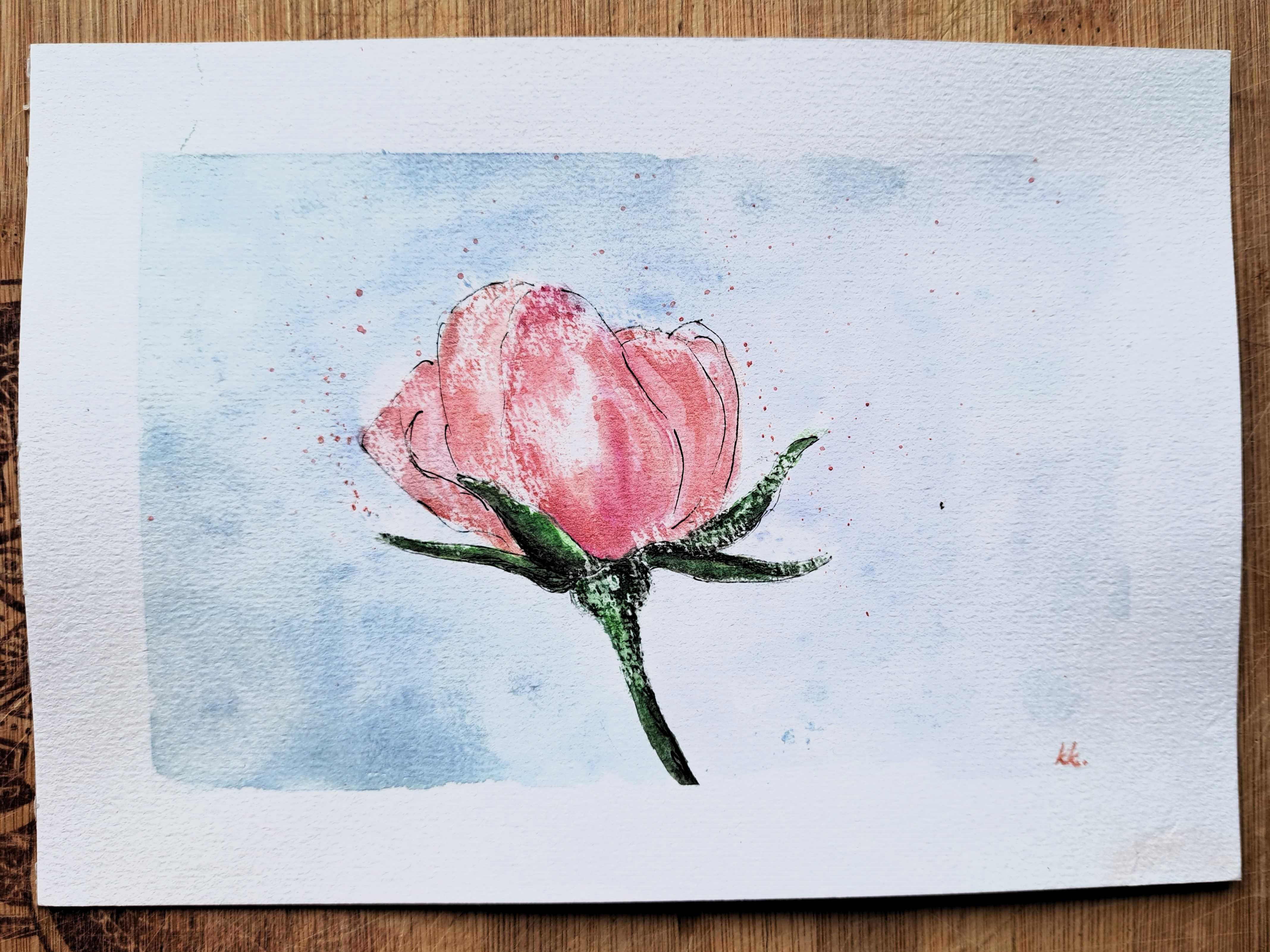 ZIMA luty róża walentynki obraz akwarela śnieg mróz miłość 15x21
