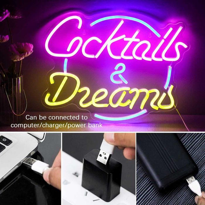 Sinal Luminoso Néon LED em Acrílico " Cocktails & Dreams "