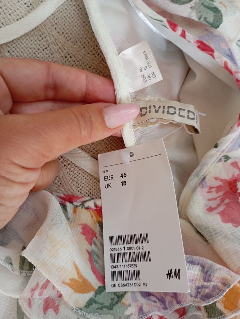 H&M L-XXXL krótka NOWA zwiewna sukienka z falbanką kwiaty kwiatuszki