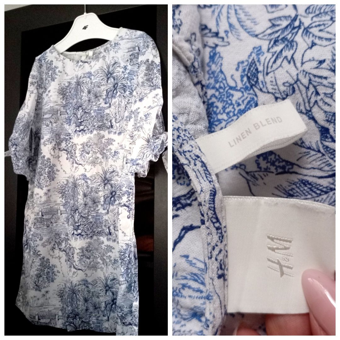 H&M M-L linen blend naturalna prosta biało-niebieska sukienka
