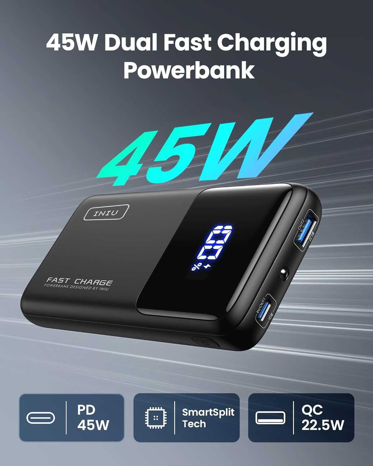 Iniu BI-B62 Powerbank USB USB-C 15000mAh 45W LCD QC 22,5 W latarka