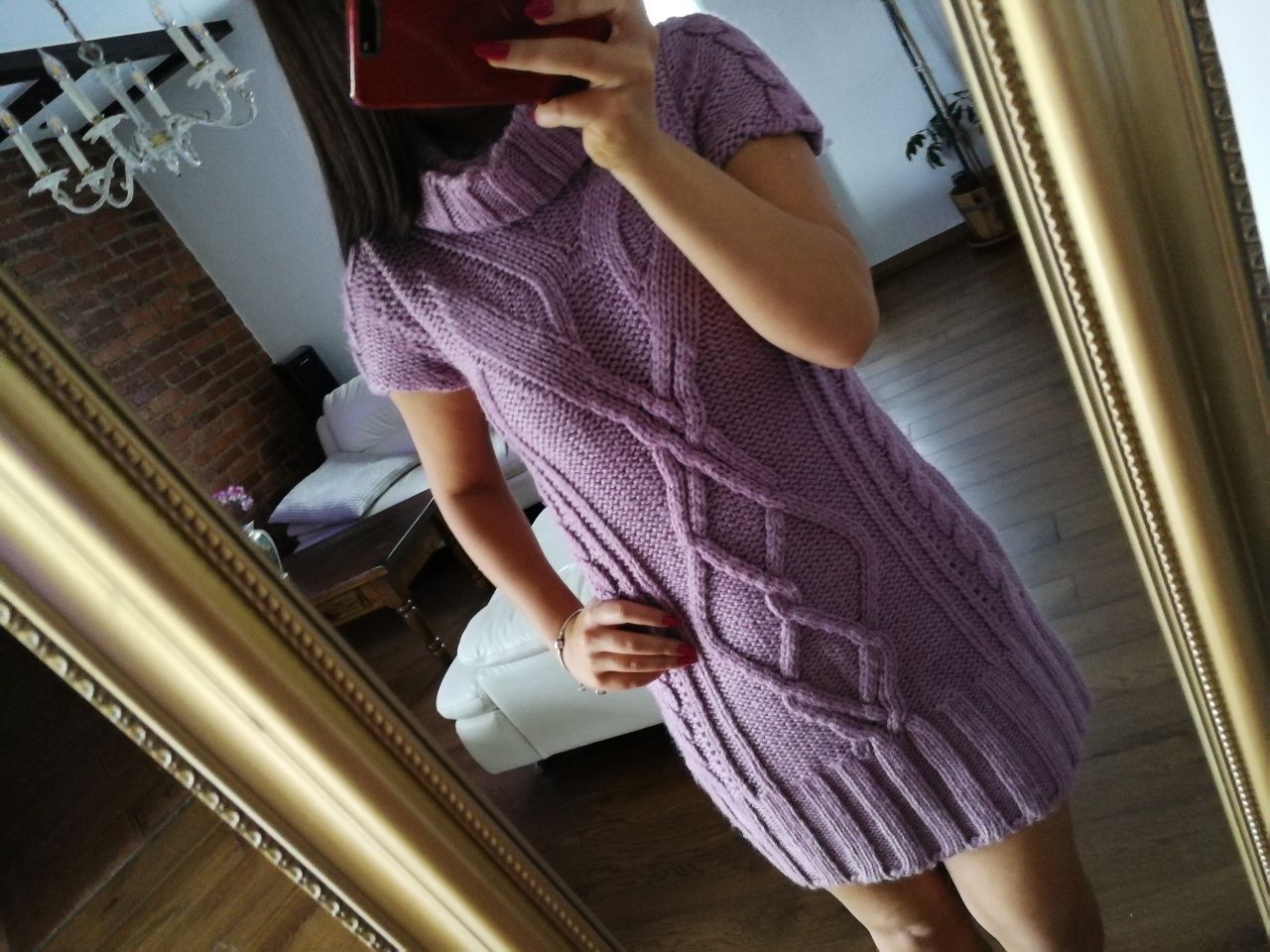 Liliowa sweterkowa sukienka z golfem r. M/L