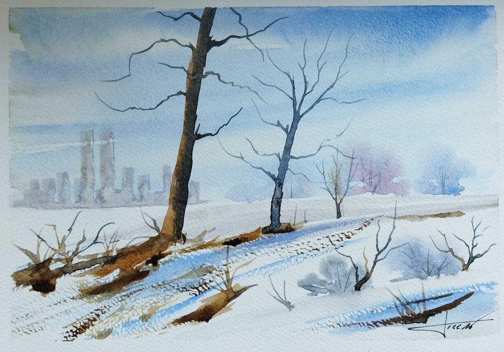 Obraz akwarela zima drzewa miasto ozdoba do domu salonu art deko