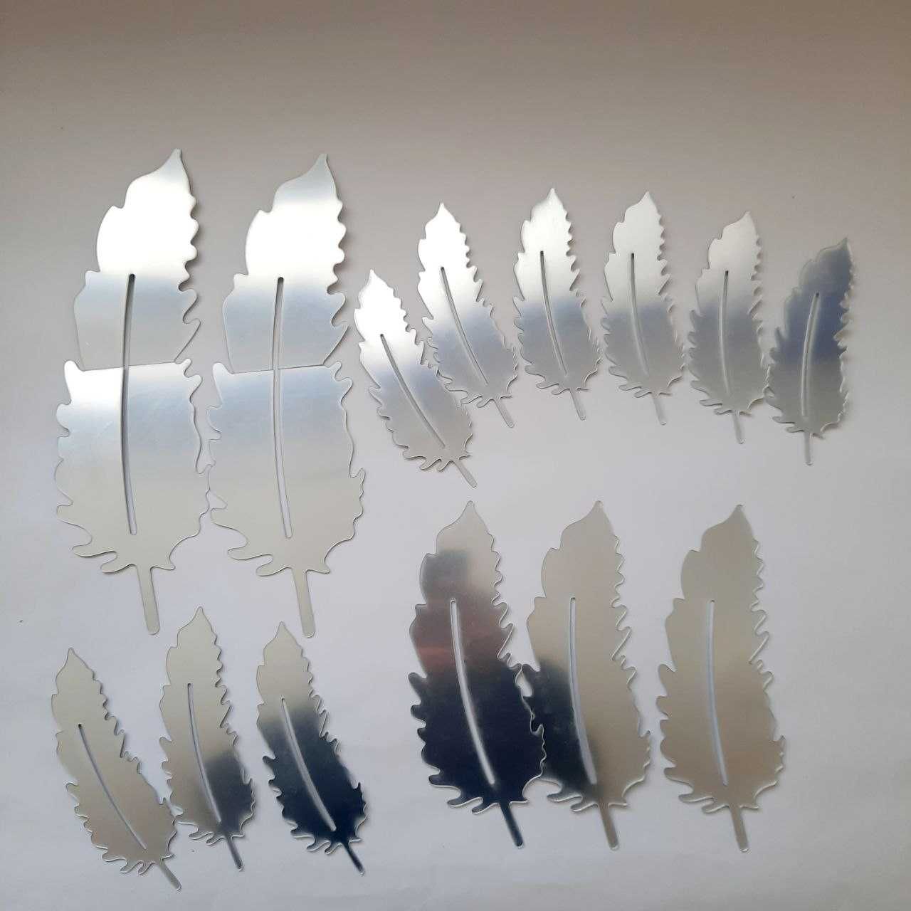 Наклейка на стену зеркальная акрил серебро Листья набор 14 штук