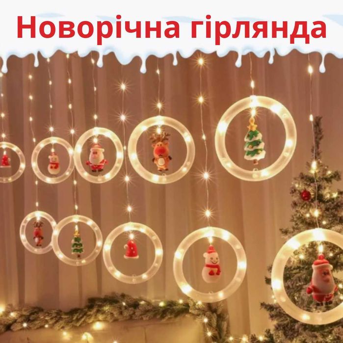 ХІТ! Шторка гірлянда круги/зірки з  іграшками 3х0,7 м 8 режимів USB