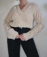 Gruby kremowy sweter oversize warkocze 90s vintage