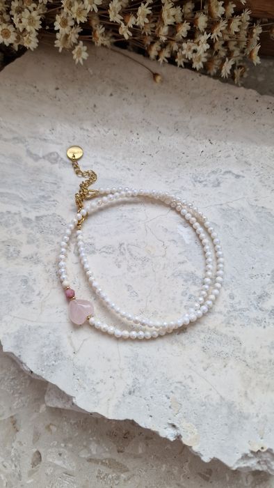 Naszyjnik z pereł słodkowodnych perły kwarc różowy rodonit