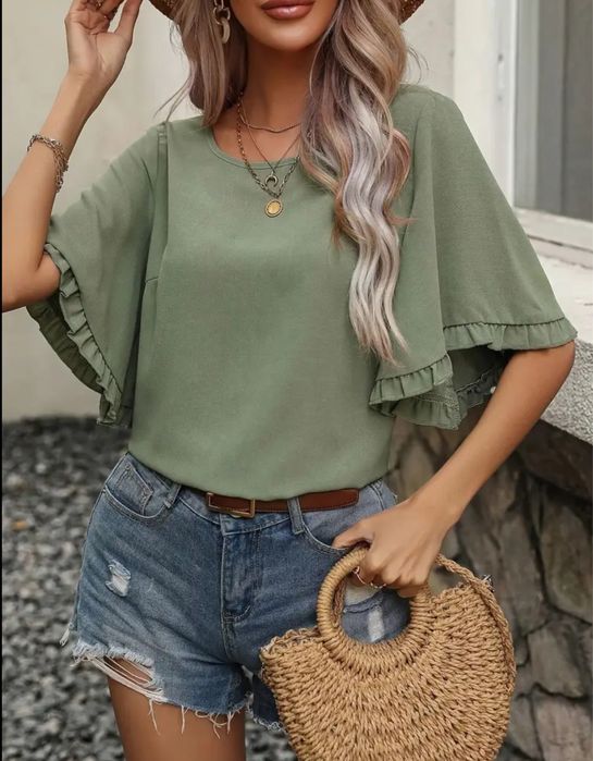Bluzka damska szerokie rękawy krótki rękaw zielona oliwkowa XL